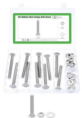 sourcing map 10 Set Carriage Bolts and Nuts Kit, 1/2-13x4 Stainless Steel 304 Round Head Square Neck Carriage Bolts Screws and Hex Nuts and Flat Washers - Silver