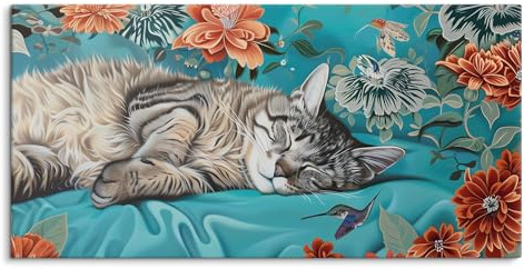 Paul Sinus Wandbild 120x60cm – Beruhigende Eleganz – Katze auf einem Blumenbett