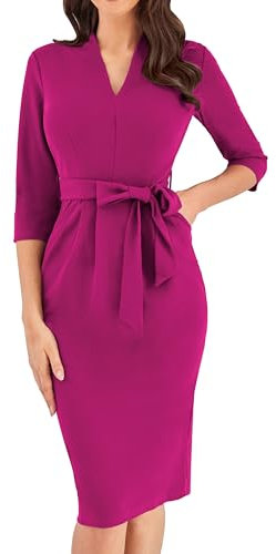GRACE KARIN Robe de cocktail élégante à manches 3/4 pour femme avec ceinture et poches, rose rouge, L