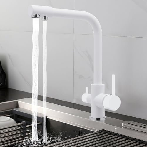 Grifo de cocina de 3 vías, giratorio 360°, grifo de cocina con filtro de agua, grifo mezclador 3 en 1 para filtro de agua, 2 palancas