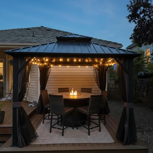 PURPLE LEAF Tonnelle de Jardin Extérieur 3 x 3 m avec LED Gris Aluminium | Pergola jardin extérieur, Installation rapide, Double toit acier galvanisé, Résiste aux intempéries, Éclairage d'ambiance