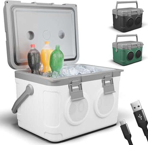TOM 3in1 Musik Kühlbox 21l zum Kühlen, Warmhalten und Musik hören – mit Bluetooth Lautsprecher – Kühlen mit Kühlakkus – Mobile Kühlbox – für Auto, Camping, Wohnwagen & Co. (Weiß, 21 Liter)