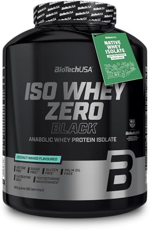 BioTechUSA Iso Whey Zero Black | Molkenproteinisolatbasis | Mit Kreatin | 90% Eiweißgehalt | Mit zusätzlichen Wirkstoffen | Laktosefrei, Zuckerfrei, Glutenfrei | 1816 g, Kokos-Mango