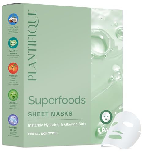 PLANTIFIQUE Koreanische Gesichtsmaske 5-Pack mit Superfoods & Hyaluronsäure - Aloe Vera, Pfirsich, Kokosnuss, Centella, Kollagen & Coenzym Q10 - Hydrierend & Straffend Tuchmasken - Face Mask