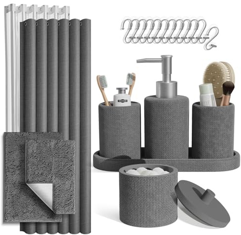 Clara Clark Grey Bathroom Set - Bathroom Sets with Shower Curtain and Rugs, 21PC Bathroom Accessory Set, Shower Curtain Set with Soap Dispenser & Toothbrush Holder