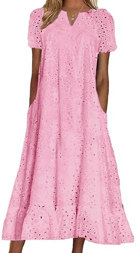 chouyatou Robe d'été décontractée à œillets avec ourlet à volants et dentelle florale pour femme avec col cranté et poche