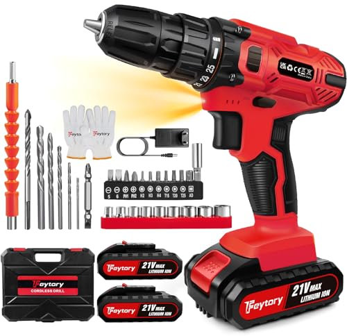 21V Cordless Drill Driver，Handheld Screwdriver Drill Set with 29PCS Drill Bits, 2 X 1500mAh Batteries,25+1 Torque Setting, 45N.m Max,2 Variable Speed, LED Light for Home DIY Project (Red)