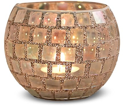 MerwDeeyt Teelichthalter Mosaik Glas Kerzenhalter (Weiß) | Bunte Teelichter Kerzenständer Romantischer Handgemachte Teelichtgläser für Hochzeit Party Dekoration