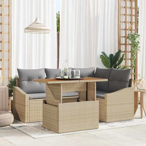 QJBSAVVA Gartensofa Lounge Set 100x55x73 cm Beige Grau Poly Rattan Akazienholz Outdoor Sofa Eckbank mit Stauraum Sitzecke Balkon Möbel für Terrasse Garten Klein Balkon