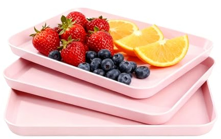 3 Stück Serviertablett, Rosa Kunststoff Tablett Klein, 29 x 21 x 3 CM | Rechteckig Tablett Tray, Rutschfest Küchentablett für für Buffets, Feiern, Picknicks, Desserts