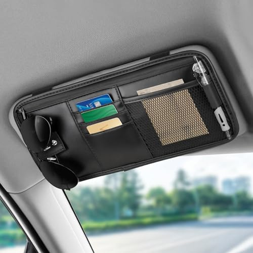 Linkstyle Car Sun Visor Organizer: PU Leather Visor Storage Pouch with Sunglasses Holder, Multi Pockets for Cards Pen License Registration