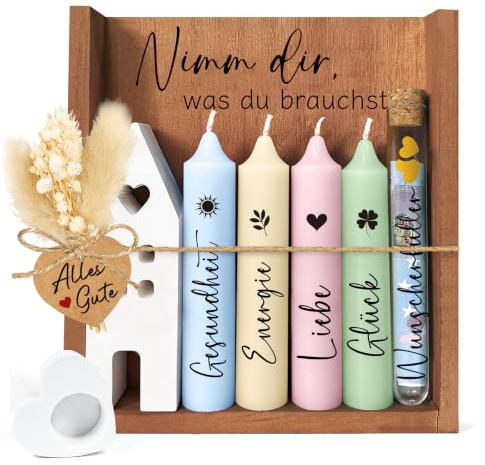 Geschenke für Frauen Beste Freundin, Kerzenset mit Kerzenständer, Kleine Geschenke für Frauen, Schwester, Mama zum Geburtstag, Wunscherfüller Geldgeschenke, Kerzen Deko Geschenkidee mit Holzbox
