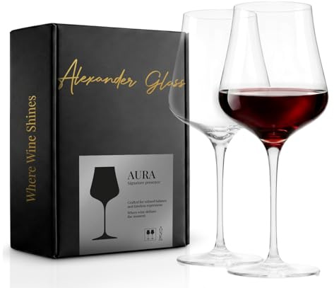 Alexander Glass Set 2 Copas de Vino Tinto Sopladas a Mano 492 ml | Copa AURA The One Collection Ultraligera y Universal Apta Vinos Rosados, Blancos | Caja Premium Regalo y Envío Seguro