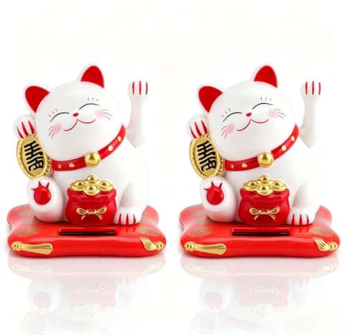 Cyrank 2PCS Winkekatze Solarbetriebene, Japanische Glückliche Katze, Chinesische Glückskatze Lucky Cat, Winkekatze Solar Für Home Car Display Decor(Weiß)
