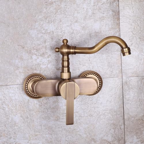 XJTNLB Rubinetto Bagno Lavabo da Muro, Rubinetto Cucina Ottone Antico Monocomando Beccuccio Girevole, Miscelatore Lavandino Bagno Vintage