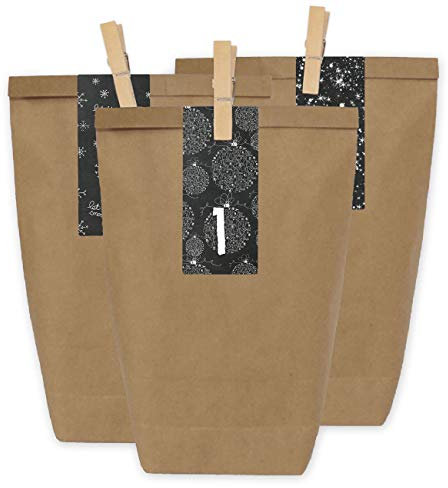 Papierdrachen Adventskalender zum Befüllen - 24 Geschenktüten und 24 Zahlenaufkleber und Klammern - Motiv Schwarz-weiß Weihnachtlich - zum Befüllen und Basteln - Weihnachten - Mini Set Nr 33