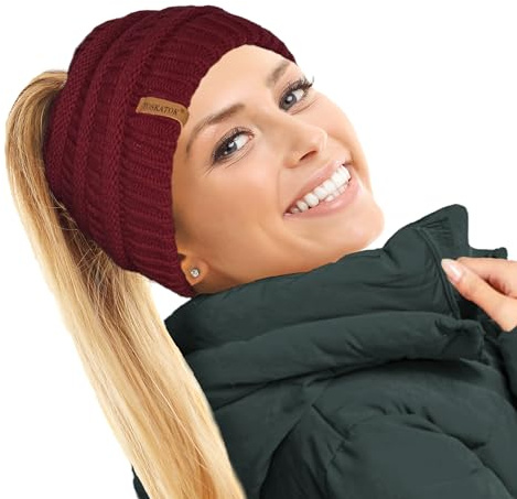 TOSKATOK® Damen Frauen Plain Ponytail Messy BUN GERIPPTE Winter Beanie Hut Cap Hair Hairband