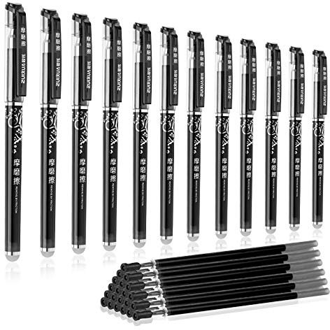 BBLIKE Erasable Pens - 12 Pcs Black Rub Out Pens and 20 Refills, 0.5mm Rubber Rollerball Pens, Pen with Eraser on the End, Handwriting Writing Pens for Adults Kids School Office Stationary