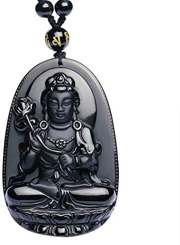 Purmy Buddha Anhänger Naturstein Amulett, Vajrapani Jade Buddha mit Verstellbarer Schwarzer Perlenkette 52-72cm