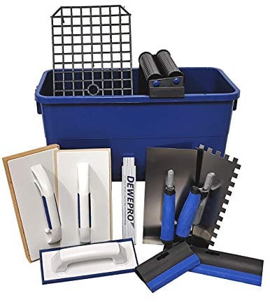DEWEPRO® 12-teiliges Fliesenleger Waschset L mit 22 Liter Wascheimer - Werkzeuge zum Fliesenverlegen wie Fugengummi, Schwammbrett, Glättekelle, Zahnkelle, Meterstab