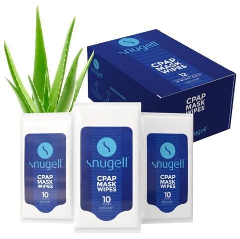CPAP Mask Wipes by Snugell (12 Pack, 10 sheets/pack) - Perfect for Travel - For Cleaning CPAP Mask and Devices - Unscented 100% Soft Cotton - Skin Safe with Aloe Vera - Fast & Easy Opening Sachets