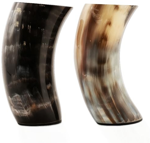 Bhartiya Handicrafts Viking Drinking Horn Cup – Handmade Ox Horn Mug Tankard for Beer, Mead, Ale & Wine | Authentic Medieval Norse Vessel 8 to 10 Oz (6 Inch, Pack of 2)