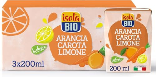 ISOLA BIO Succo di Frutta Biologico ACE, Arancia, Carota e Limone, 100% Ingredienti Naturali, Frutta Italiana in Mini Brik per Colazione e Merenda, Formato 3 confezioni da 200 ml