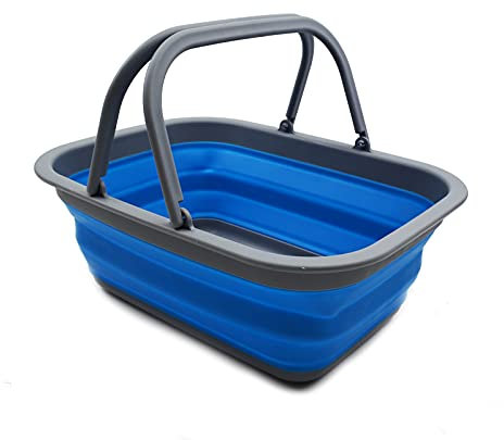 SAMMART 9,2 l Faltbare Wanne mit Griff – tragbarer Picknickkorb für den Außenbereich – Faltbare Einkaufstasche – platzsparender Aufbewahrungsbehälter (Dunkelgrau/Blau)