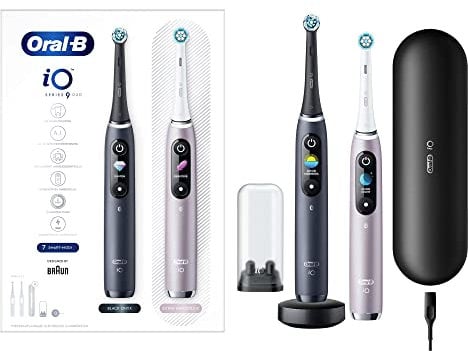 Oral-B iO 9 Doppelpack Elektrische Zahnbürste/Electric Toothbrush mit revolutionärer Magnet-Technologie & Mikrovibrationen, 7 Putzmodi, 3D-Analyse, Farbdisplay & Lade-Reiseetui, black onyx/rose quartz