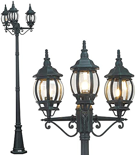 BAKAJI Lampione Vittoriano Classico da Giardino in Alluminio Lampada Lanterna Colore Grigio Finitura Anticata Verde Bronzo IP44 E27 (3 Luci 200 cm)