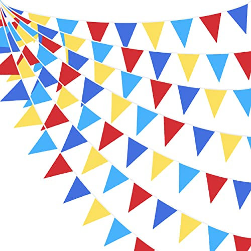 32Fuß Rot Blau Gelb Partydekorationen Karneval Zirkus Clown Dreieck Flagge Wimpel Bunting Banner Stoffgirlande für Kindergeburtstag Babyparty Hochzeit Outdoor Garten Festivals Hängedekorationen