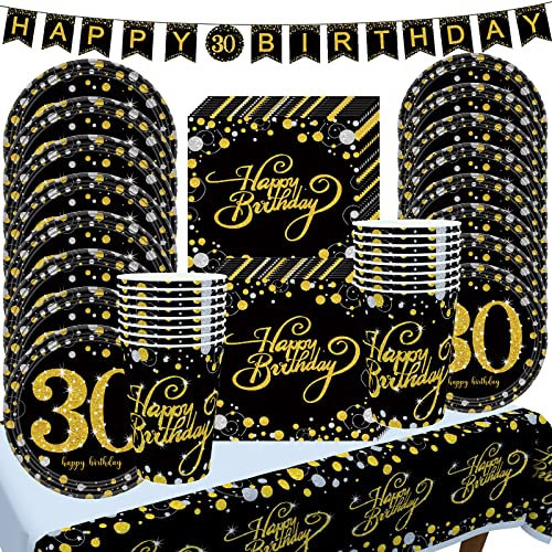 30 Ans Vaisselle de Fête Noir Or - Femme Homme Assiettes, Serviettes, Gobelets, Nappe, Bannière - Décor Anniversaire Adultes (16 Invités)