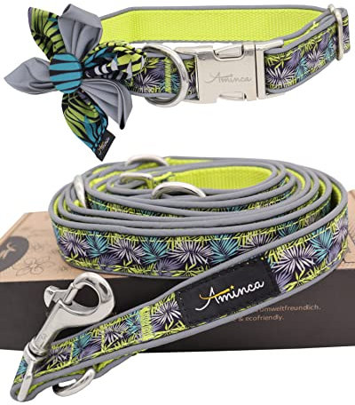 Aminca: Hunde Halsband reflektierend (32-45 cm) & Umhängeleine reflektierend (2,8m) & Freundschaftsblume (3er Set) | Leine 4-Fach verstellbar & strapazierfähig | designet in Deutschland