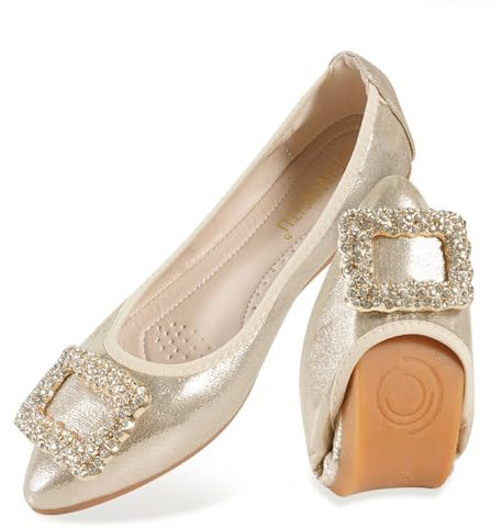 MACHSWON Women's Ballet Flats Sparkly Rhinestone Wedding Ballerina Shoes Foldable Portable Comfort Slip on Flat Walking Shoes(Gold, Size 6)