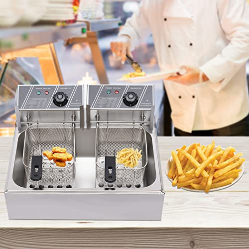Fritteuse, Fritöse Edelstahl Doppel 2 x 6L Kaltzone 2500W Profi Komerzielle Elektro-Fritteuse Tief für Schnellrestaurants Snackbars Pommes Frite