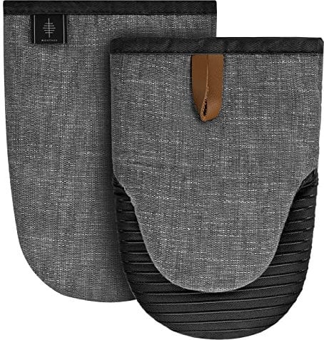 BONTHEE Ofenhandschuhe Klein Topfhandschuhe Mini Baumwolle kochhandschuhe mit Anti-Rutsch Silikon Gestreift backhandschuhe für Kochen Backen - 2er Set - Grau
