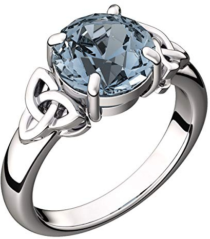 GWG Jewellery Sterlingsilberring mit großem Aquamarin-Meerblauem Stein und keltischen Dreifaltigkeitsknoten an den Seiten – 9 in Geschenkbox für Frauen