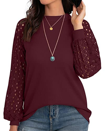 IWOLLENCE Long Sleeve Tops for Women UK Going Out Womens Blouses Round Neck Ladies Dressy Lace Long Sleeve T Shirts Wine Red XXL