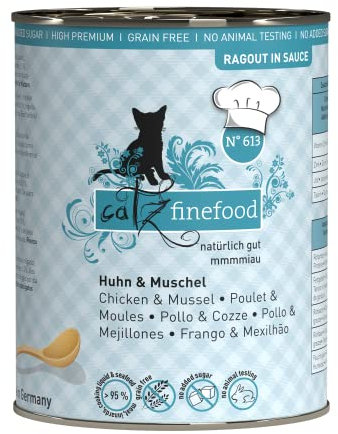 catz finefood Ragout N° 613 Huhn & Muschel Katzenfutter nass - Feinkost Nassfutter für Katzen in Sauce ohne Getreide und Zucker mit hohem Fleischanteil, 6 x 380 g Dose