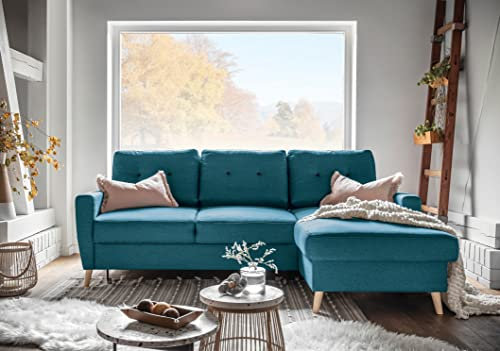MIUFORM Ecksofa mit Schlaffunktion | Friendly Lars | Wohnladschaft Couch Schlafcouch Wohnzimmer Gästezimmer | Holzfüße (Türkis, Rechts ausgerichtet)