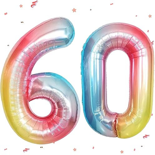Luftballon 60.Geburtstag Regenbogen,XXL Riesen Regenbogen Folienballon 60 für Frauen,40Luftballon 60.Geburtstag,Zahlen 6 und 0 Folienballon für 60 Jahre Geburtstagsdeko Jubiläum Party Dekoration