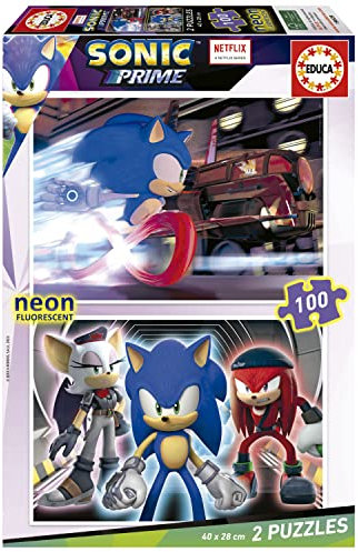 Educa Sonic Prime Neon Puzzle-Set mit 2 Puzzles mit 100 Teilen, die im Dunkeln leuchten – Maße: ca. 1 x 40 x 28 cm, bestehend aus großen Teilen, ab 6 Jahren (19629)