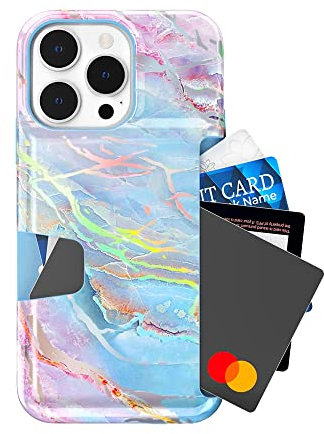 VELVET CAVIAR Compatible with iPhone 14 Pro Max Wallet Case for Women - Credit Card Holder - Slim & Protective Wallet Phone Cases [8ft. Drop Tested] - Holographic Blue Pink Marble