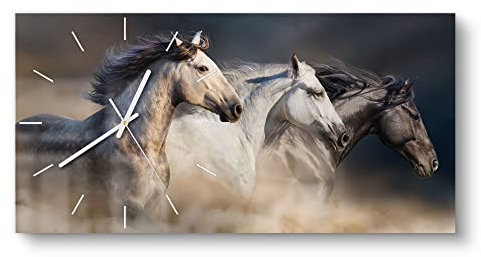 DEQORI Glasuhr | vertikal 60x30 cm | Motiv Pferde-Trio im Galopp | große XXL Design Uhr aus Glas | leise Wanduhr für Wohnzimmer & Küche | Moderne Hingucker Uhr für die Wand
