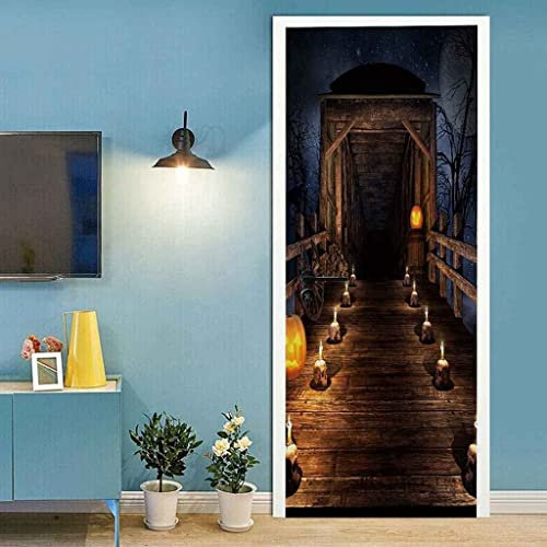 3D Tür Aufkleber Für Schlafzimmer Küche Toilette Holzhaus-Halloween-Kürbiskerze 90 X 200 Cm Türtapete Selbstklebend - Türaufkleber 3D Türposter Selbstklebend Wandbild - Türtapete Selbstklebend Tür Po