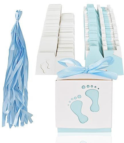 50 Stück Geschenkbox, Süßigkeit Kästen Gastgeschenk Box, Neugeborene Baby Taufe Box Mit Band Party Favor Boxen für Babydusche Kinder Geburtstag, Hochzeit, Taufe Geburt Party (Blau)