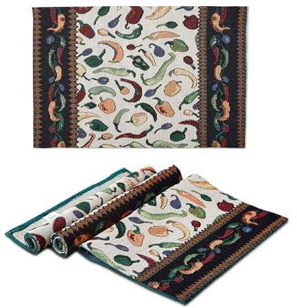 Encasa XO Boho-Jacquard-Tischsets, 4er-Set – Chilischoten Design | Vintage-Stil | Jede Größe 48x32 cm | Gewebter Bohemian-Wandteppich zum Essen – maschinenwaschbar