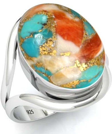 Jeweloporium 925 Silber Ringe für Damen Mehrfarbig Natürlich Stachelige Auster Edelstein Mode Silber Ringe Größe 68(21.6) Jubiläum - Geschenk Boho Schmuck