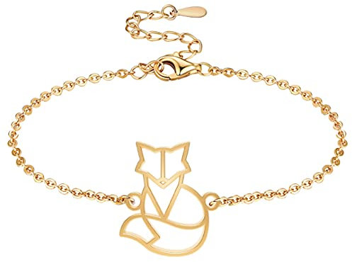 Fauna Bracelet Animal Renard Couleur Or ou Argent avec Chaîne ou Cordon Noir pour Femme, Homme ou Enfant, Résistant et Ajustable Fabriqué en France (Or avec chaîne)