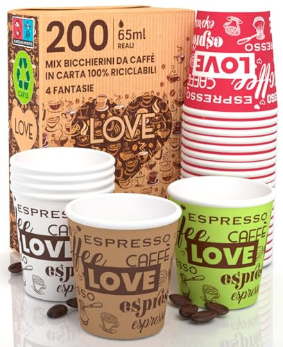 200 Bicchierini in Carta per caffè 65ml LoveCUP Mix Bicchieri Ecologici Biodegradabili Monouso Piccoli Asporto Bevande Calde
